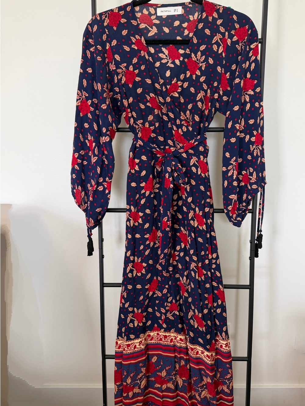 Faithfull the Brand Atlas Navy Midi Wrap Dress with Red Floral Print